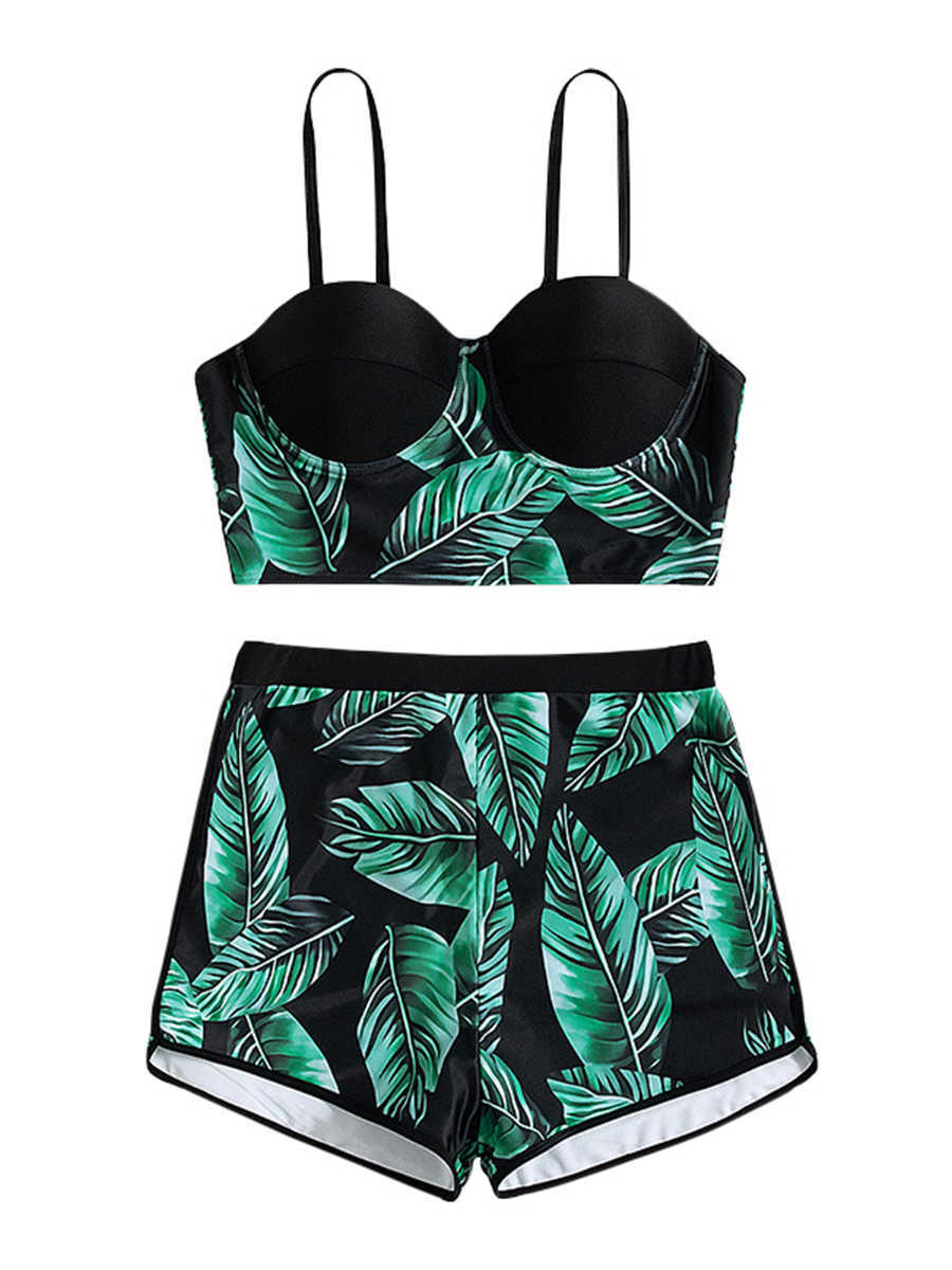 2023 New Summer Women's Casual Swimsuits Leaves Print Sleeveless Sling Padded Top + Shorts Bottoms Bathing Suit Bikini Set