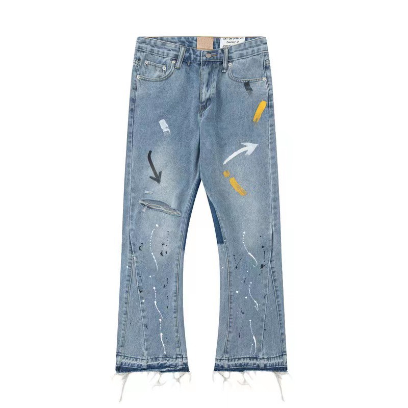 Men's Trendy High Street Fashion Designer Jeans Blue Denim Flared Pant Youth Rivet Print Patch White Jean Embroidery Boys Kecks Gm0m