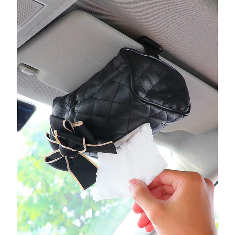 New Cute Bowknot Leather Car Tissue Holder Hanging Holder for Car Back Seat Headrest Paper Organizer Storage Bag Car Accessories