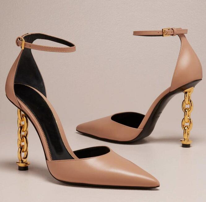 Top Brand D'Orsay Women Sandals Shoes Sculpted Gold-Tone Chain Heel Kalvläder naken svart dam sexig fest klänning Sandalias Party Wedding EU35-43