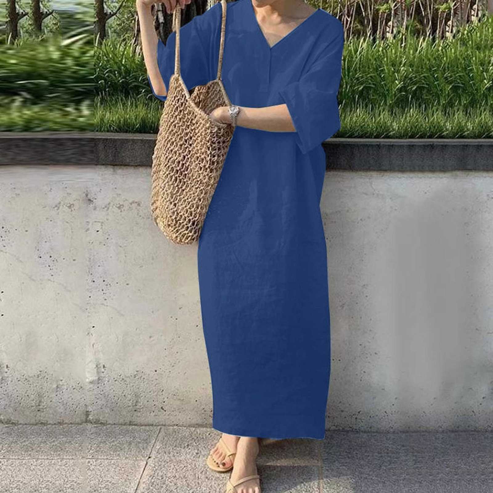 Loose Beach Long Dress Womens Solid V Neck Dress Sundress Elegant Oversize Robe Vintage Pockets Beach Retro Swing Dress Vestidos