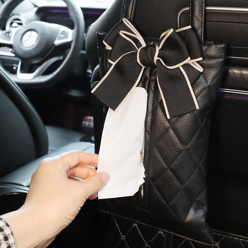 Ny Fashion Bowknot Läder Bilvävnadslådor Söta Auto Seat Back Tissue Bag Organizer Car Decoration Auto Interiör Förvaringsväska