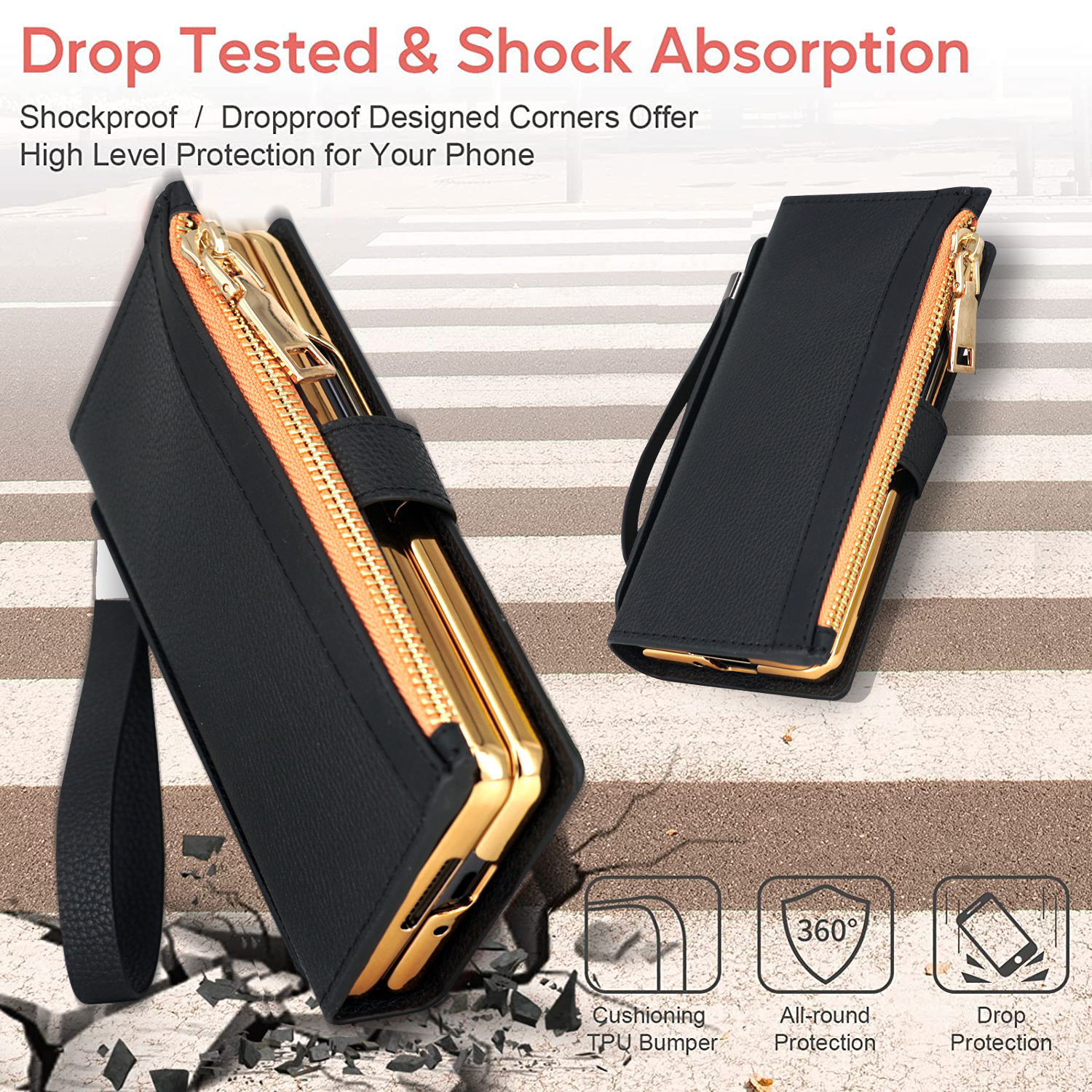 Zipper Leather Cases For Samsung Galaxy Z Fold 4 Fold3 Case Wristband Pen Credit Card Flexible RFID Wallet Cover