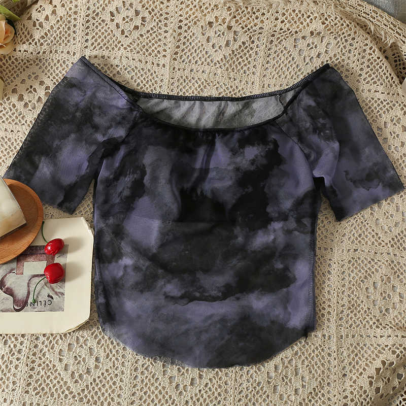 Women's T-Shirt Elastic mesh with bra summer sweet diagonal collar cut T-shirt women's apron girl crop top P230602