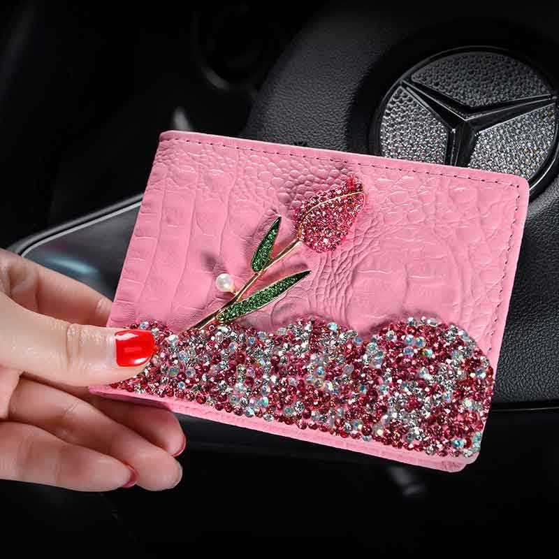 Ny äkta läderförarens licenshållare Rose Flower Diamond Crystal Car Key Bag Wallet Purse Kvinnor Kreditkortsfodral