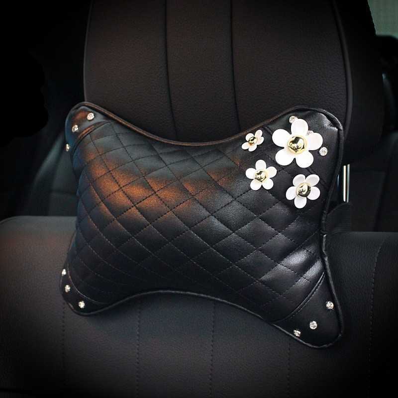 New Leather Car Neck Pillow Headrest with Rhinestones Cute Flower Neck Safety Support Waist Pillow Cushion Car Interior Accessories