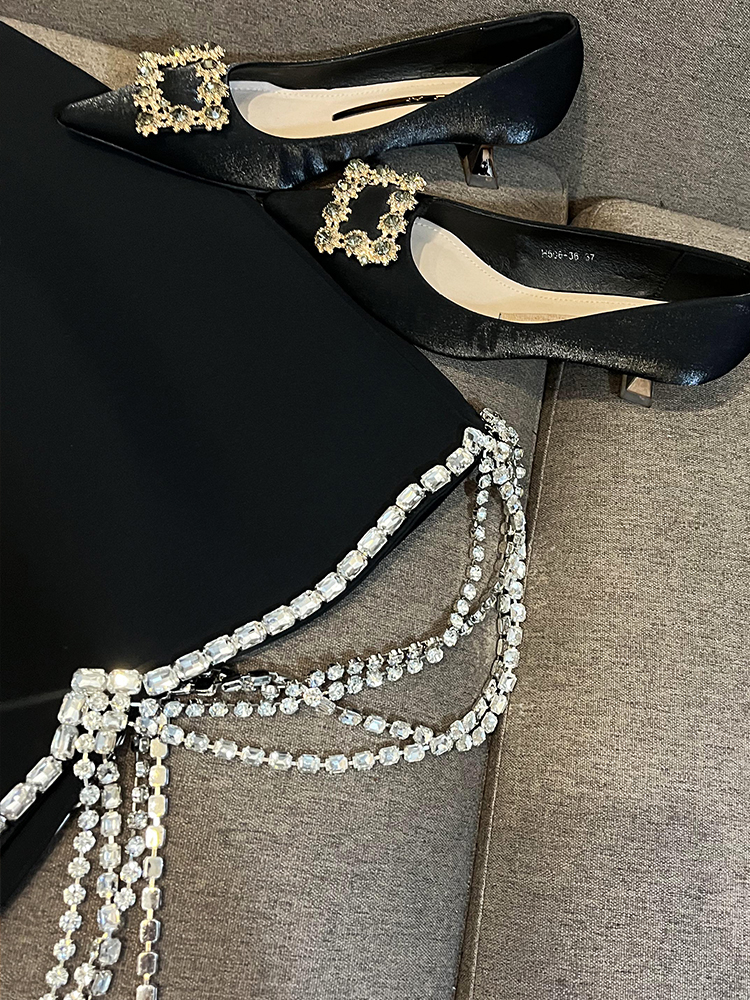 2023 Autumn Black / White Rhinestone Chains Two Piece Dress Sets Long Sleeve Notched-Lapel Blazers Top & Short Skirt Suits Set O3L012237