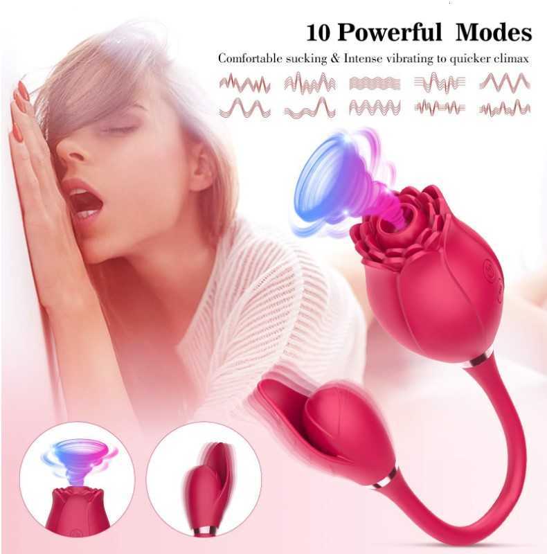 Massager som säljer sugande vibrator för kvinnlig G Spot Clitoris uppladdningsbar dubbelhuvud rosform slickar