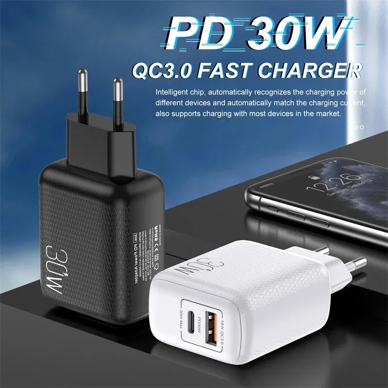 Chargeurs USB 30W PD Charge rapide Type C Charge rapide pour iPhone 14 13 Pro Max EU US Plug Charger avec QC 4.0 3.0