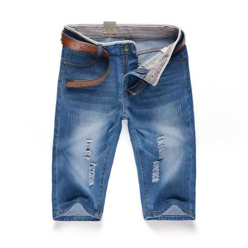 Shorts masculinos Calças jeans de verão Destroyed Ripped Blue Fashion Design jeans Shorts masculinos retos ultrafinos Hombre P230602