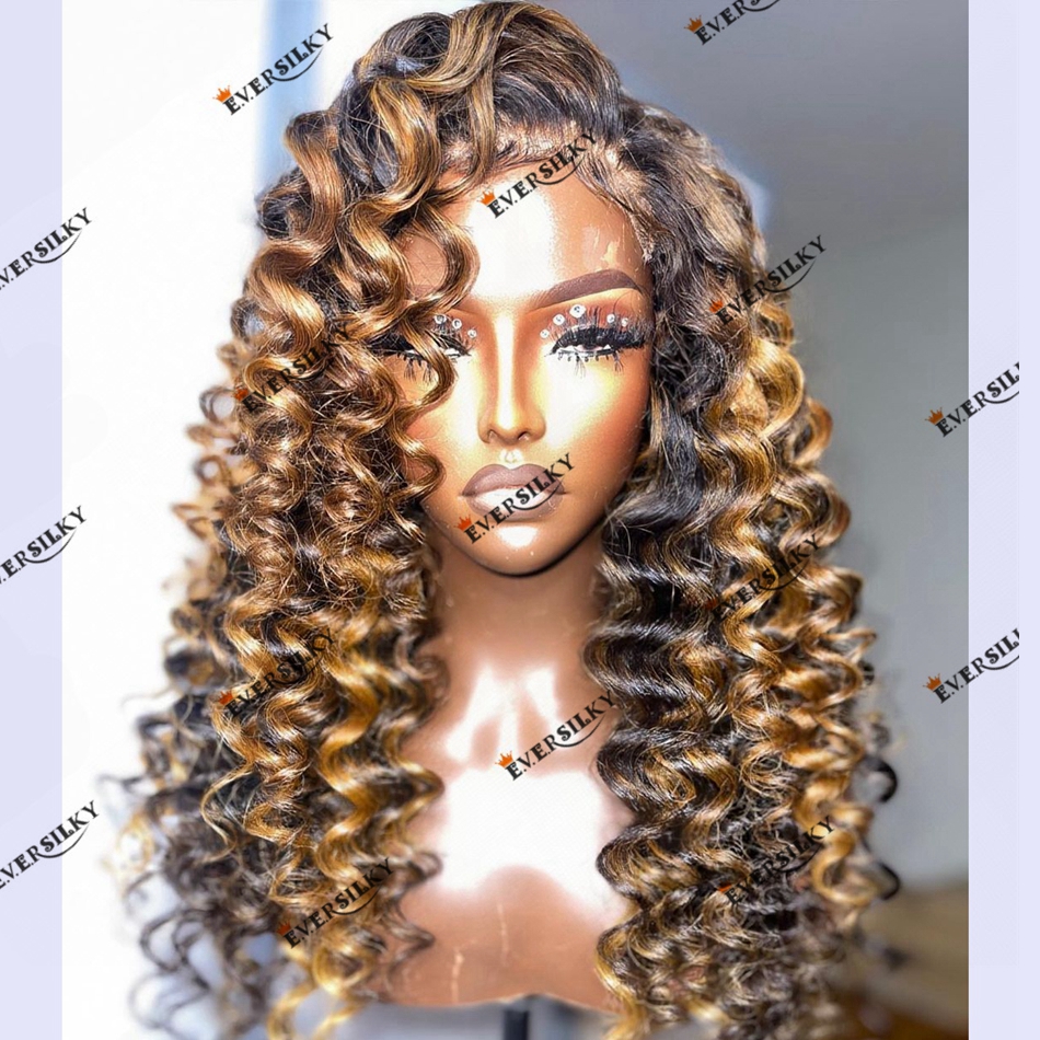 4/27 Honey Blonde Highlighted Wand Curl Full Lace Human Hair HD Lace Front Wig Side Part 360 Lace Frontal Indian Remy Hair Wig 13x6 Transparent Lace Wig