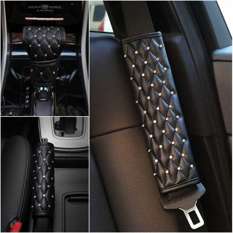 New Car Shifter Covers Car Handbrake Grips Cover Set Leather with Crystal Rhinestone Black Car Interior Accessories For Women Girls