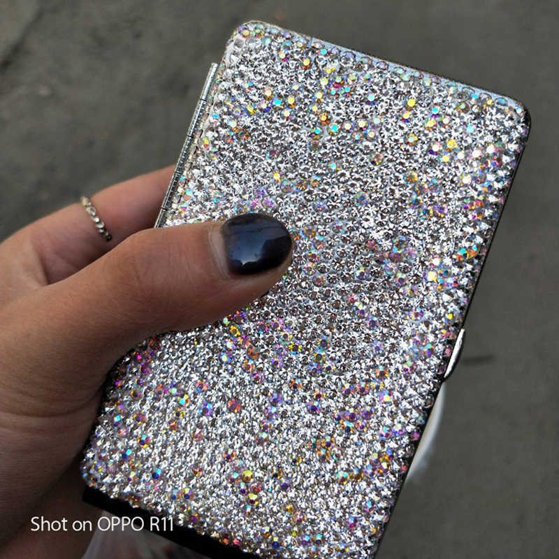 New Portable Women Diamond Cigarette Case Crystal Slim Cigarette Box Holder For Cigarettes Bling Flip One Side Rhinestones