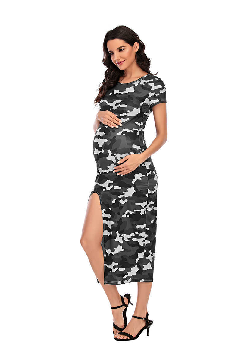 Vestidos de maternidad Falda corta de camuflaje para mujeres embarazadas Vestido de manga corta sexy Vestido de cuello redondo para mujeres embarazadas Cintura suave Ropa de maternidad larga G220602