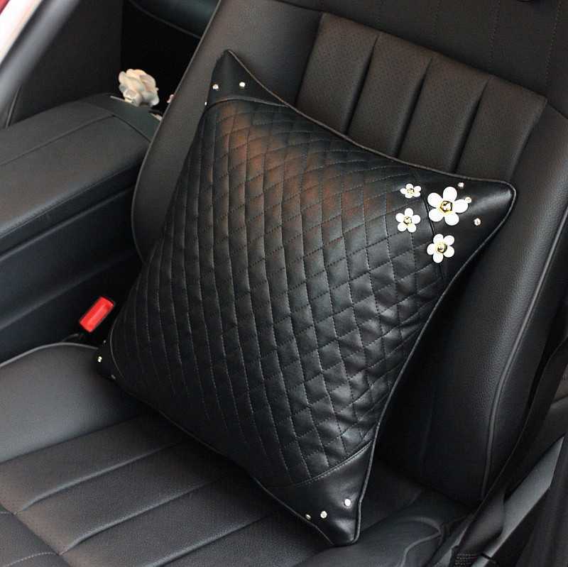 New Leather Car Neck Pillow Headrest with Rhinestones Cute Flower Neck Safety Support Waist Pillow Cushion Car Interior Accessories