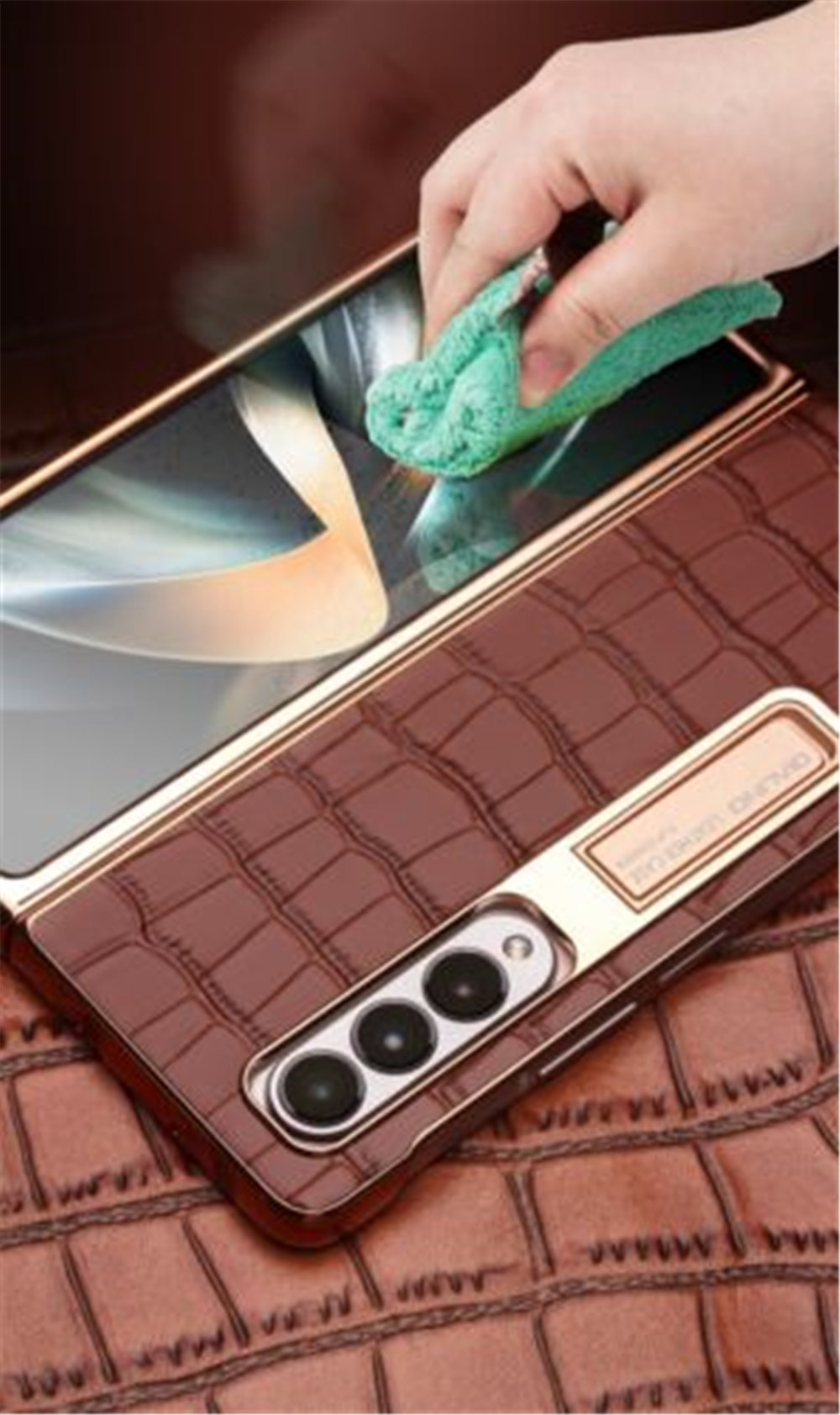 Crocodile äkta läder smal fodral för Samsung Z fold 4/3 härdad filmkickstand omslag