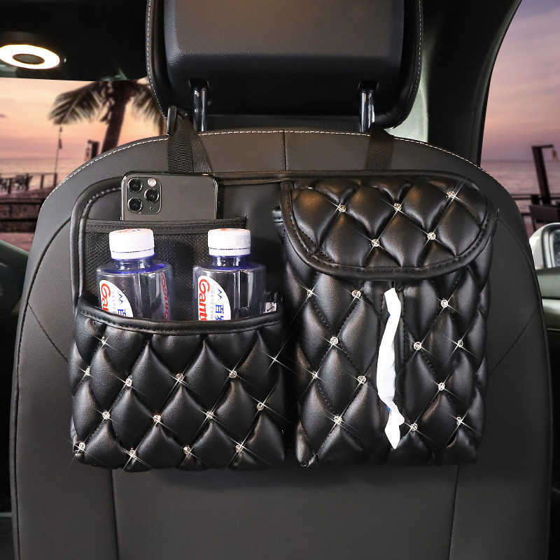 Nueva y creativa bolsa de almacenamiento de cuero PU para coche, organizador de asiento trasero para Interior de coche, soporte multifunción para pañuelos, bolsillo para guardar y ordenar