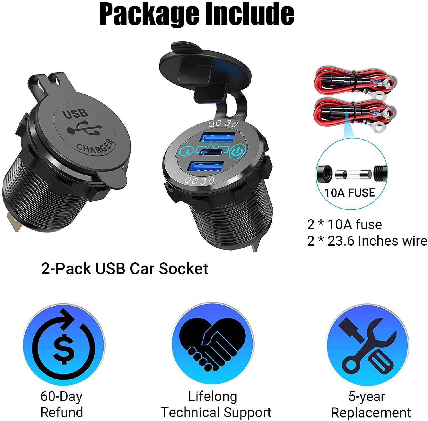 Car charger PD QC3.0 Car Charger Socket 60W 12V 24V USB C Outlet Aluminum Metal Car Socket with Touch Power Switch for Motorcycle Boat