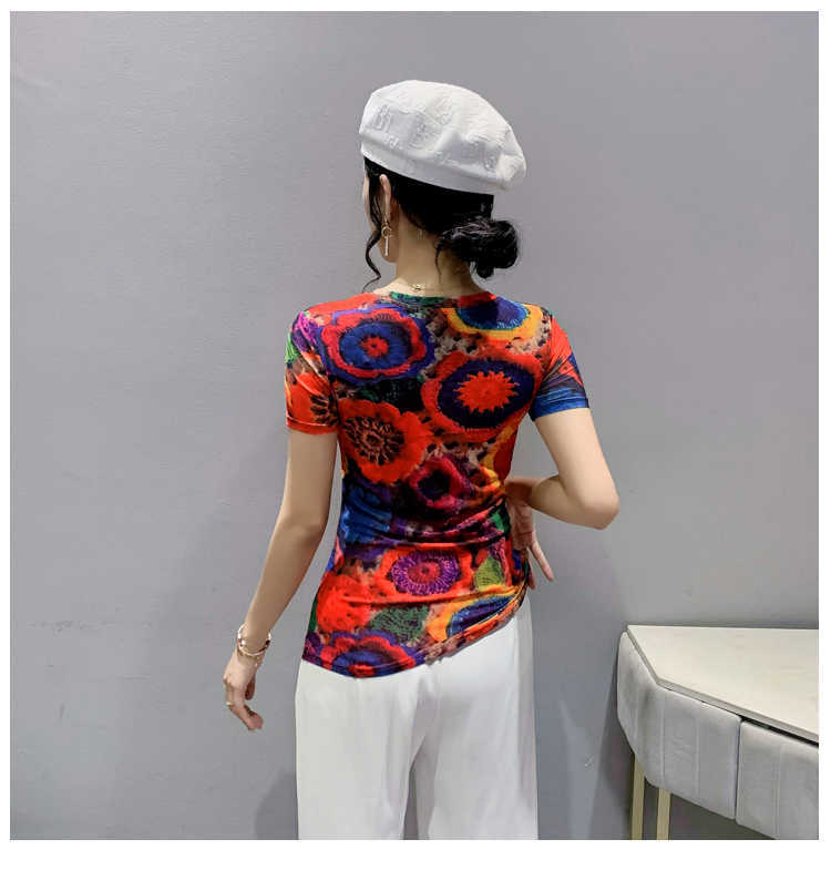T-shirt 40-80 kg tissu en maille à manches courtes col rond imprimé fleur T-shirt haut d'été pour femme P230602