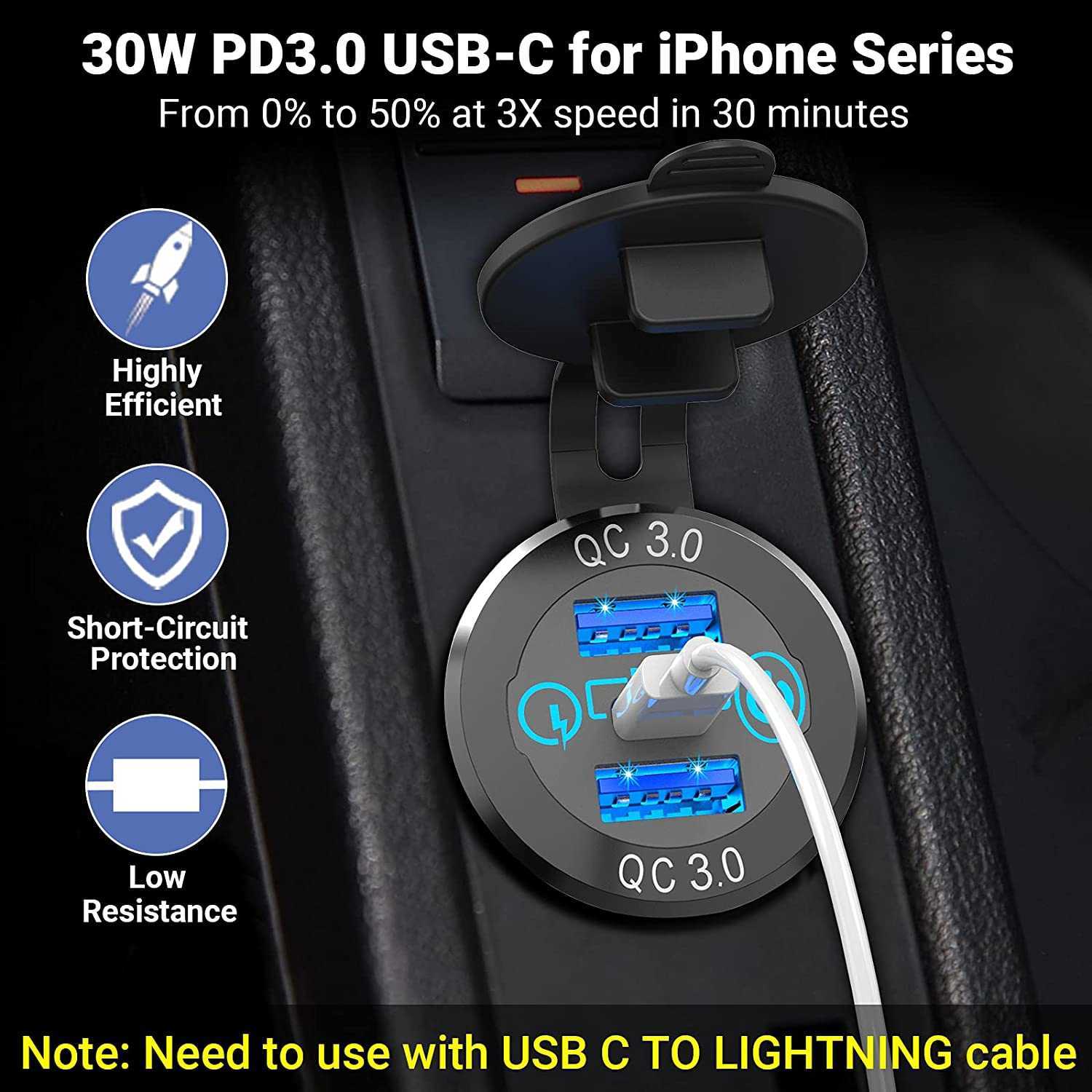 شاحن السيارة 12V 24V Triple Aluminium Metal 60W USB-C مقبس شاحن السيارة المتعدد PD3.0 منافذ QC3.0 مع محول سيارة سريع لللمس