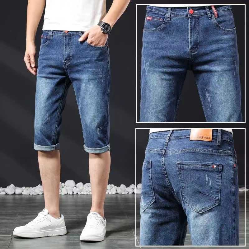 Herenshorts Hoge kwaliteit lichtblauwe denim shorts mannen slim fit stretch zomer mode zevenpunts broek nieuwe casual jeans voor mannen P230602