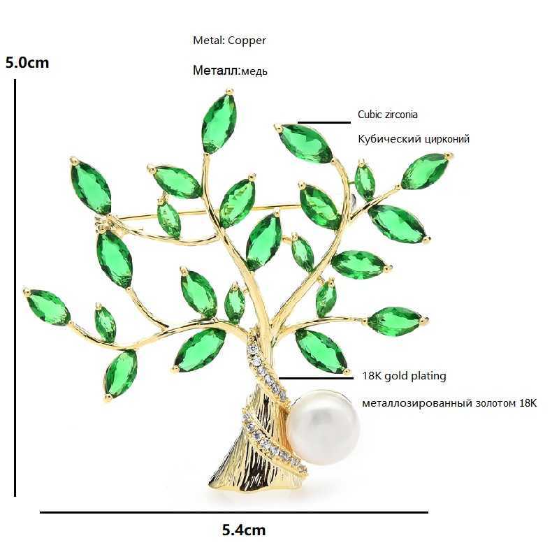 Stift broscher wuli baby grön kristallblad för kvinnor kubik zirkonia pärla skatt träd party kontor bröst stift nyår present g230529