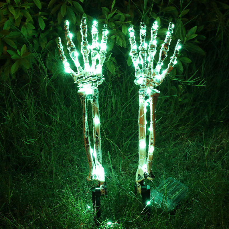 Décorations lumineuses d'Halloween, piquets de bras squelette à lumière solaire alimentés par piles, 40 LED blanc chaud, décoration de jardin d'horreur de jardin vert rouge violet