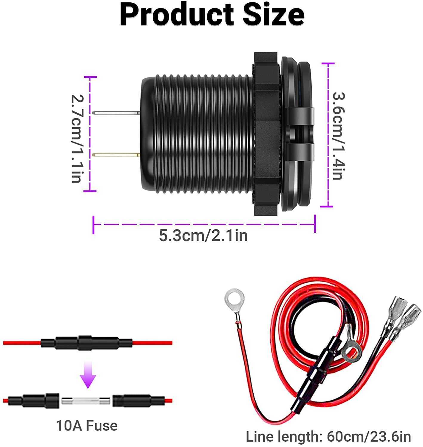 Caricabatteria da auto 12V 24V Triplo alluminio metallo 60W USB-C Caricabatteria da auto multiplo Presa PD3.0 Due porte QC3.0 con interruttore tattile Adattatore auto veloce