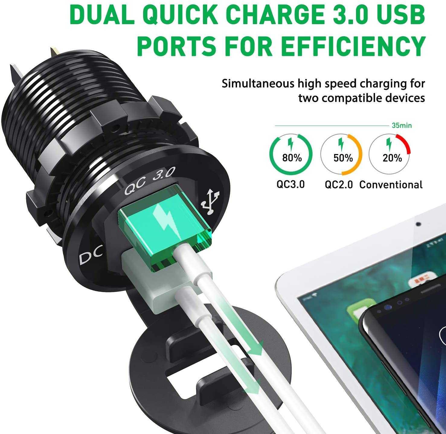 Billaddare QC3.0 Bil Cigarettändare Socket USB Car Charger 12V 24V Fast Charging Telefonavgift med LED -voltmeter för motorcykelbåt