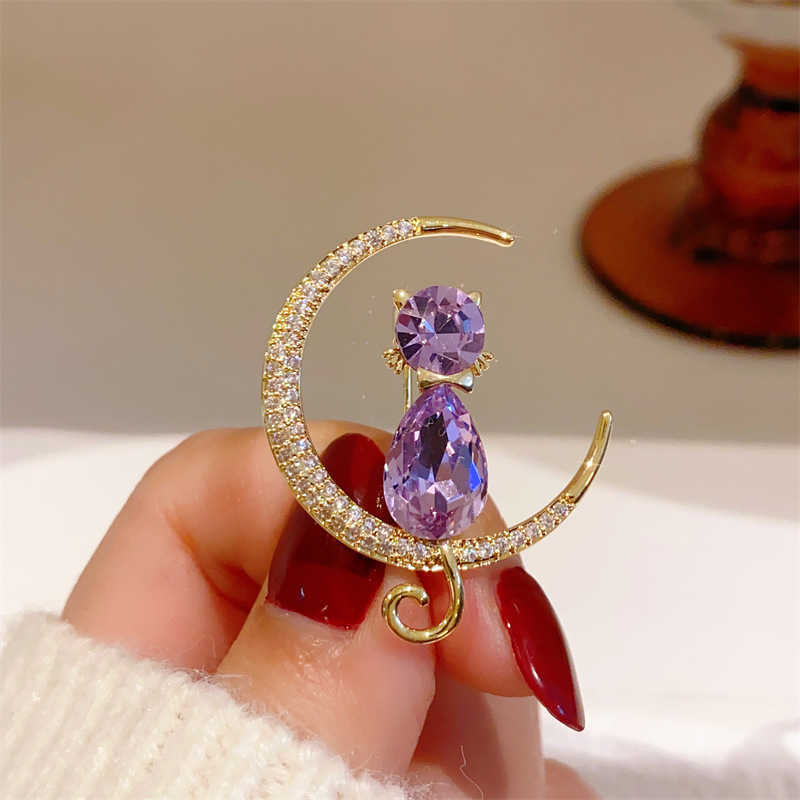 Broches Broches Mode féminine simple violet cristal chat lune femmes luxe couleur or alliage de zircon animal broche épingle de sûreté G230529