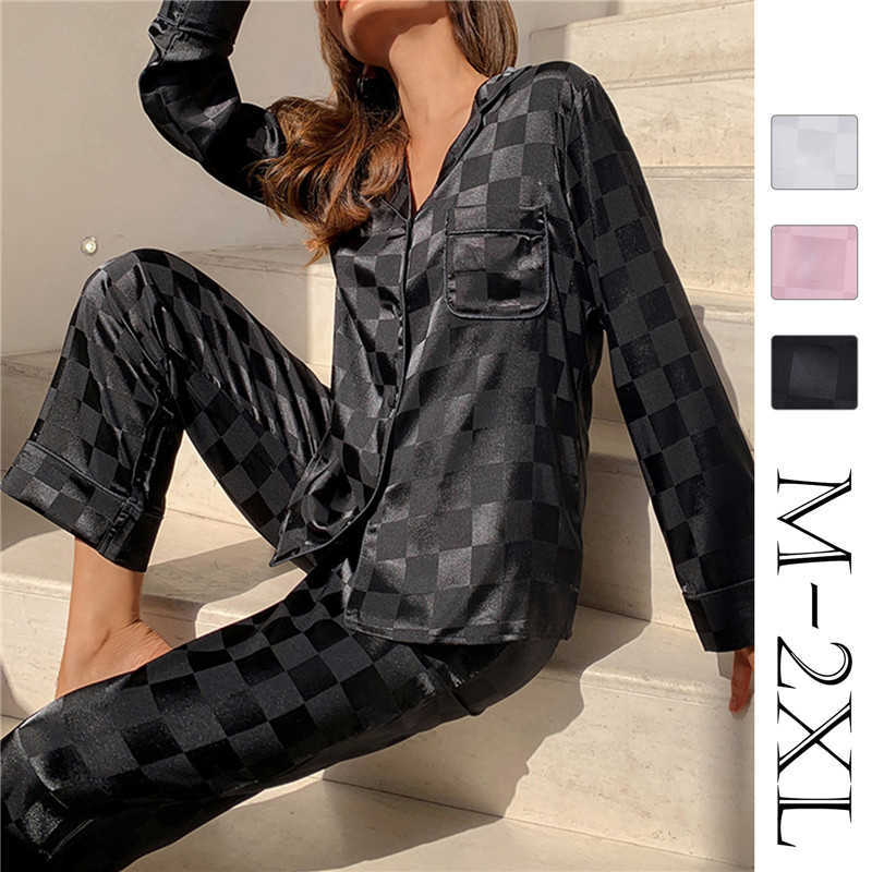 Pijamas sexy Mujer 2 piezas Conjunto de ropa de dormir Tablero de ajedrez Conjunto de pijamas de seda de hielo de lujo Conjunto de manga larga Ropa de dormir suave Mujer Primavera Verano Homewear J230601