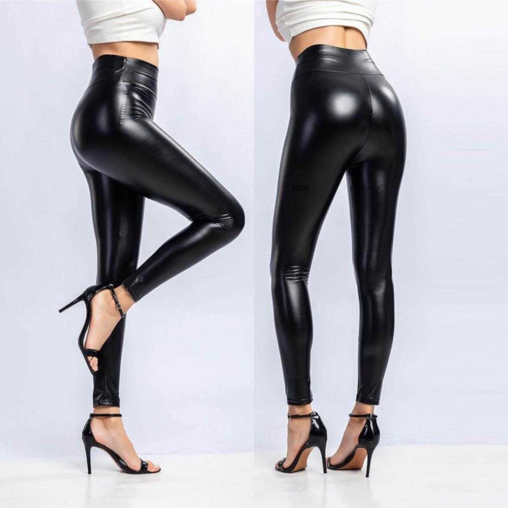 Kvinnor Pants Capris Artificial Leather Long Ben Tight High midje Polyester Elastic bekväma kvinnors vinter veckade byxor P230602