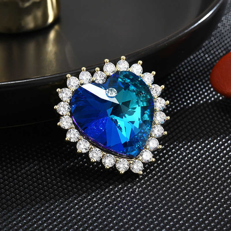 Pins Brooches Women's fashion blue crystal cute love heart women's luxury gold alloy zircon brooch safety pin G230529