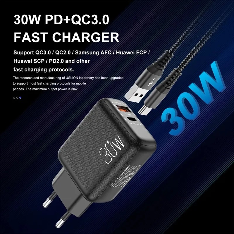 30 Вт PD USB Chargers Quick Charge Type C Быстрая зарядка для iPhone 14 13 Pro Max EU US Plug Charger с QC 4.0 3.0