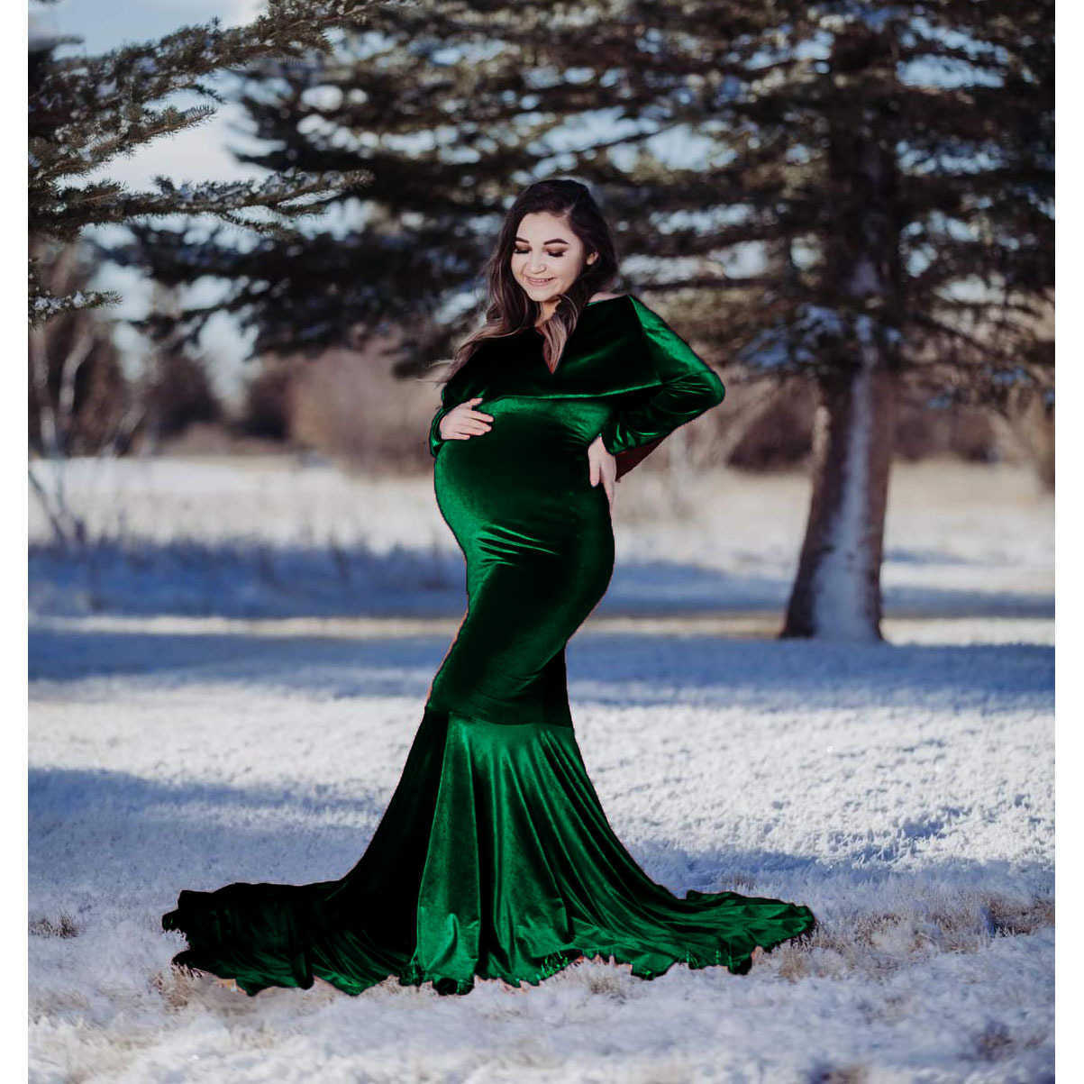 Maternity Dresses Photo shooting for pregnant Sexy V-neck lace long sleeved wedding dress Pregnant women Photography props