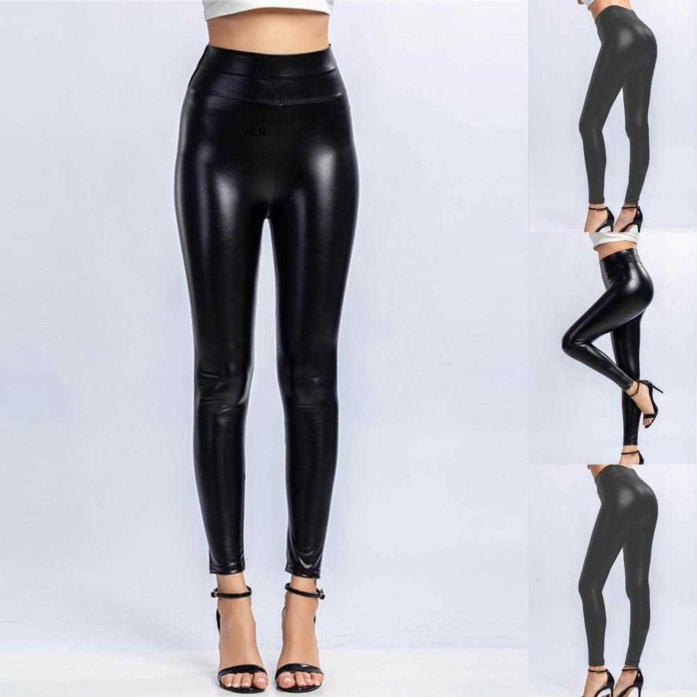 Kvinnor Pants Capris Artificial Leather Long Ben Tight High midje Polyester Elastic bekväma kvinnors vinter veckade byxor P230602