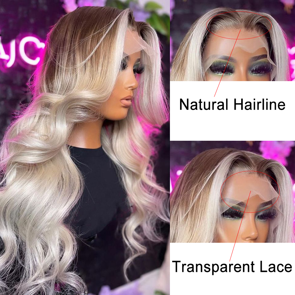 Brazilian Hair Ombre Ash Blonde Body Wave Lace Front Wig Transparent HD 360 Lace Frontal Wig for Women Heat Resistant Synthetic Wig Preplucked