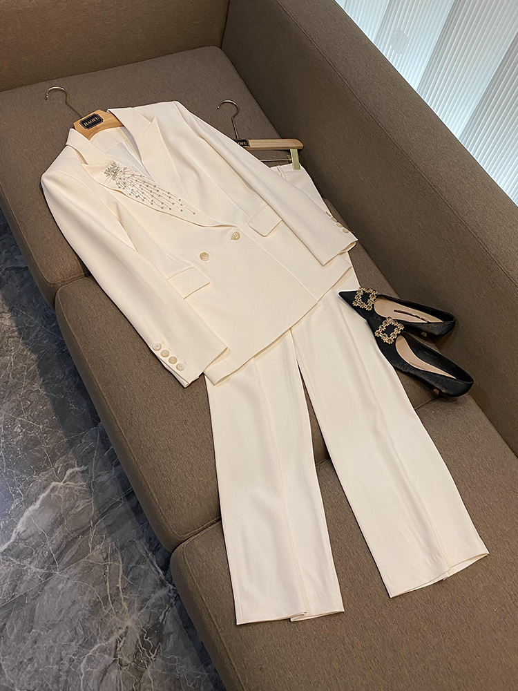 2023 Autumn White / Black Rhinestone Two Piece Pants Sets Long Sleeve Notched-Lapel Beaded Blazers Top & Straight-leg Pants Suits Set O3L012706