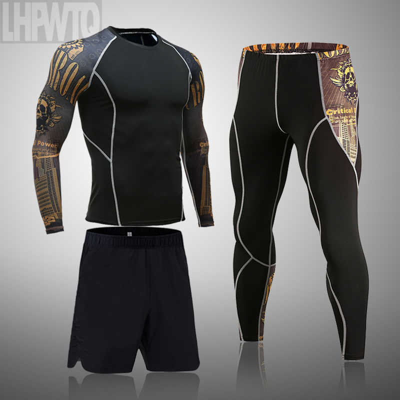 Tute da uomo Marca 3 pezzi / set Tuta da uomo Rashguard Maschio MMA Compression Abbigliamento Camicia a maniche lunghe da uomo + Leggings 2 pezzi Abbigliamento sportivo Uomo J230601