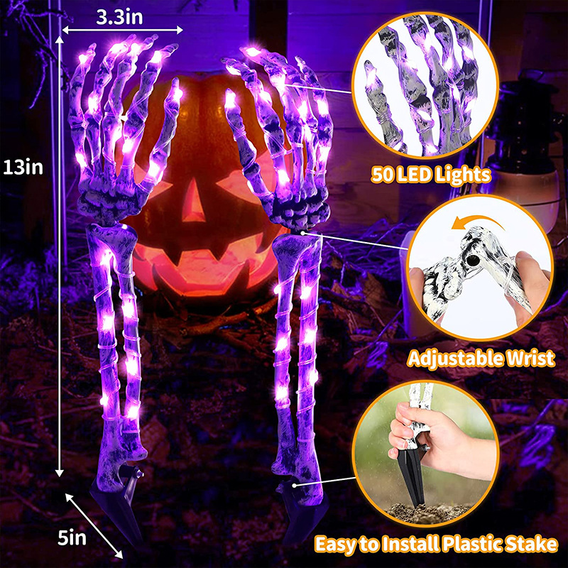 Décorations lumineuses d'Halloween, piquets de bras squelette à lumière solaire alimentés par piles, 40 LED blanc chaud, décoration de jardin d'horreur de jardin vert rouge violet
