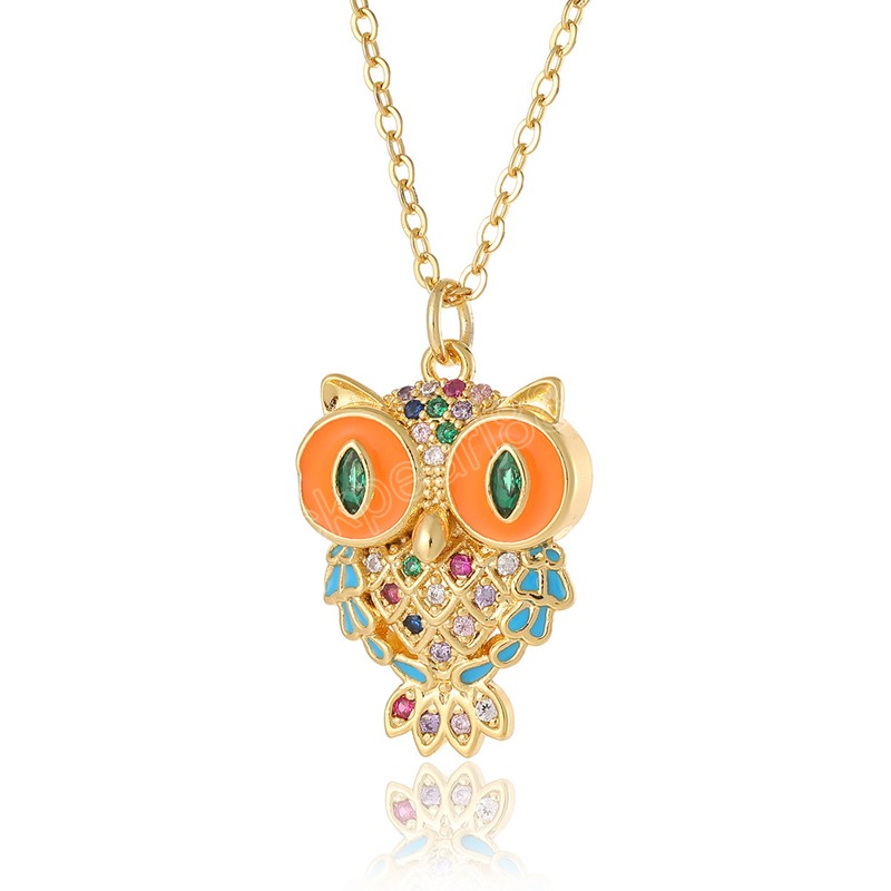 Mignon 18K plaqué or hibou pendentif colliers avec arc-en-ciel Zircon Colorcul goutte huile femmes collier bijoux cadeaux