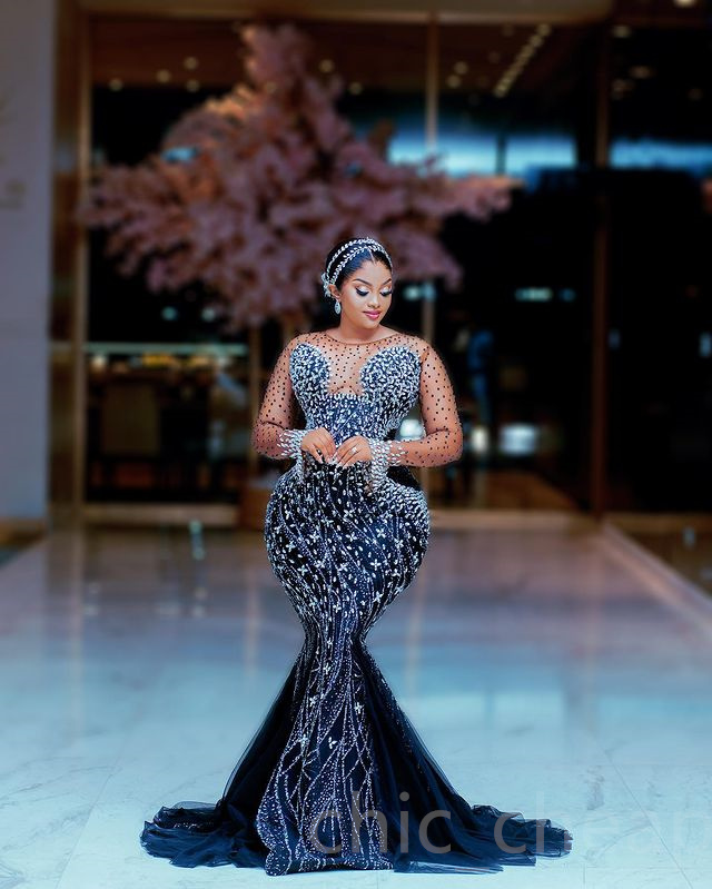 2023 May Aso Ebi Beaded Crystals Prom Dress Dark Navy Mermaid Evening Formal Party Second Reception Birthday Engagement Gowns Dresses Robe De Soiree ZJ341