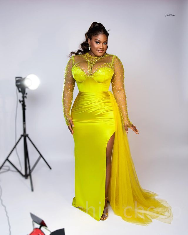 2023 May Aso Ebi Yellow Mermaid Prom Dress Beaded Satin 저녁 공식 파티 두 번째 리셉션 생일 약혼 가운 드레스 Robe de Soiree ZJ353