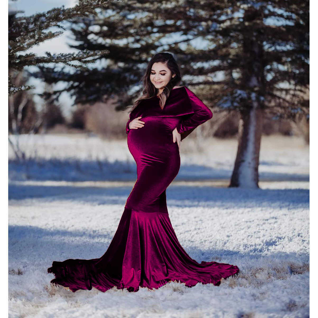 Maternity Dresses Photo shooting for pregnant Sexy V-neck lace long sleeved wedding dress Pregnant women Photography props