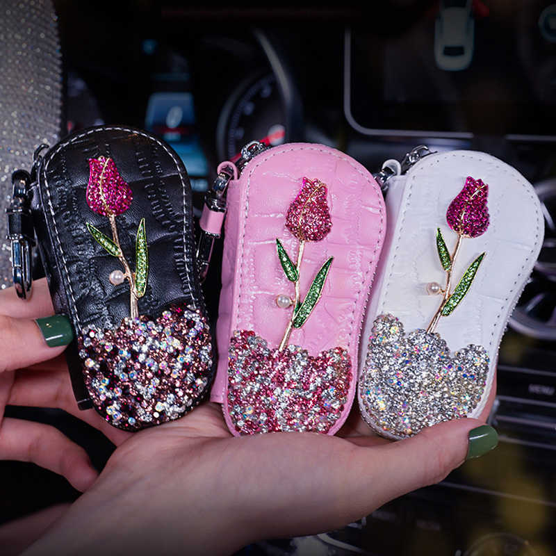 Nieuwe lederen rijbewijshouder Rose Flower Diamond Crystal Autosleutel Tas Portemonnee Portemonnee Vrouwen Creditcard Pocket Case