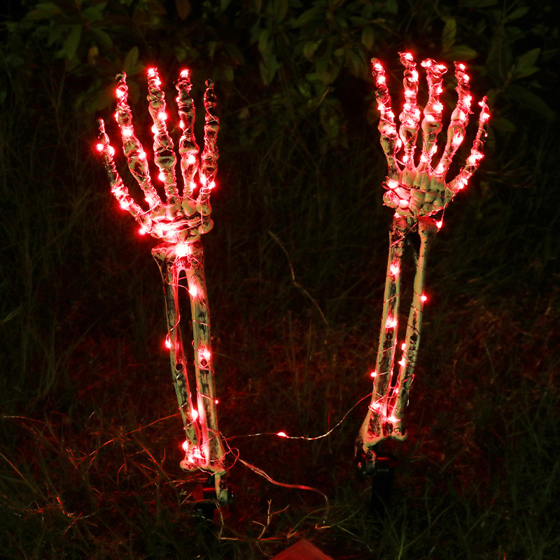 Décorations lumineuses d'Halloween, piquets de bras squelette à lumière solaire alimentés par piles, 40 LED blanc chaud, décoration de jardin d'horreur de jardin vert rouge violet