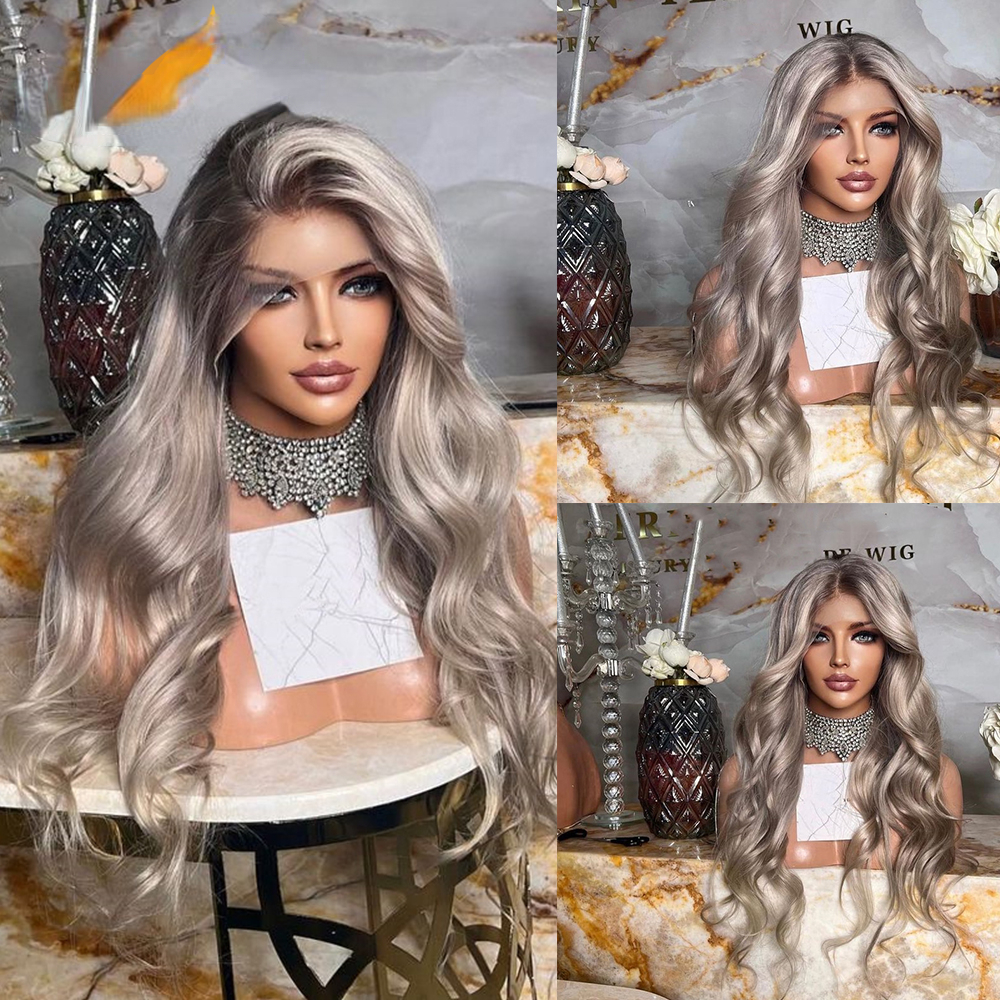 Ombre Ash Blonde Colored Glueless Lace Front Wig Human Hair Body Wave Grey Blonde Lace Closure Wig for Women Synthetic Heat Resistant