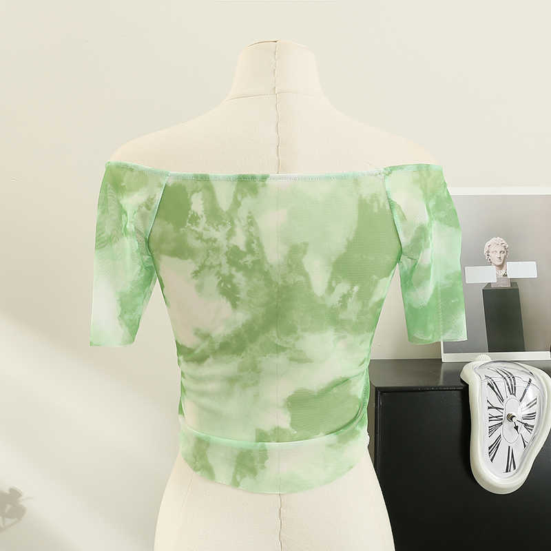 Women's T-Shirt Elastic mesh with bra summer sweet diagonal collar cut T-shirt women's apron girl crop top P230602