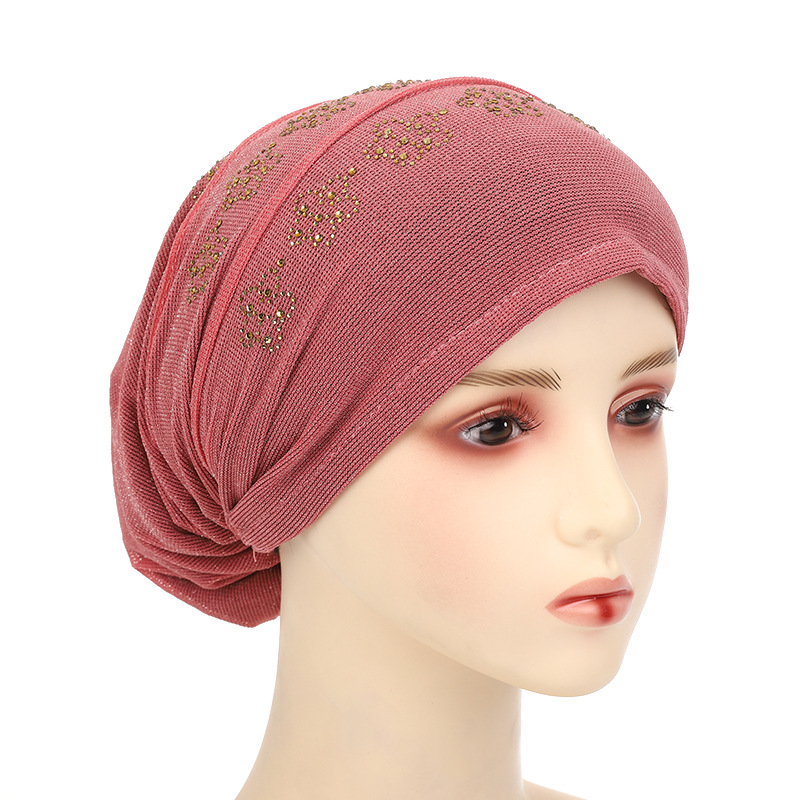 Chapéus de turbante de verão respiráveis para mulheres muçulmanas Glitter Diamonds Headwear Bonnet Lady Bandana Hat Loss Hair Chemo Cap