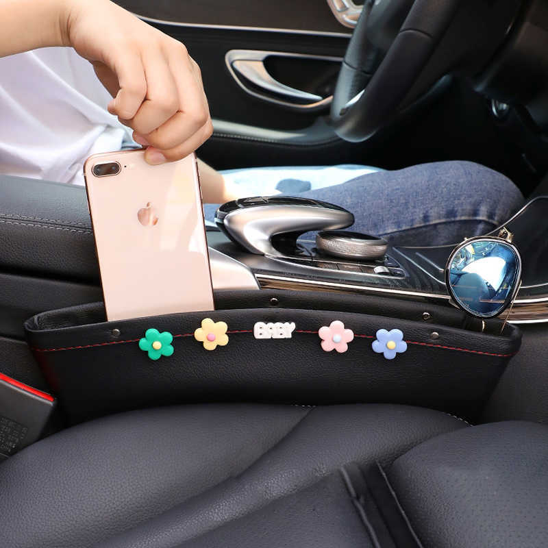 New Cute Cartoon Car Seat Gap PU Leather Storage Box Auto Organizer Pocket Phone Bottle Cup Holder Flower Car Styling Accessories